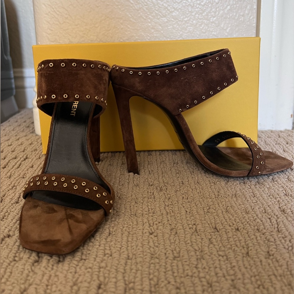 New Saint Laurent Suede Mica Stud Mule Sandals Size 37 Brown - Picture 2 of 9